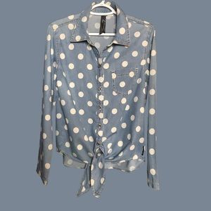Seven7 oversized polka-dot chambray denim long sleeve blouse